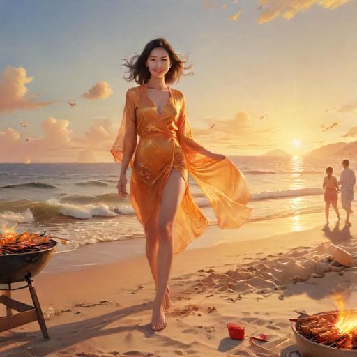 海边烧烤夜游画面