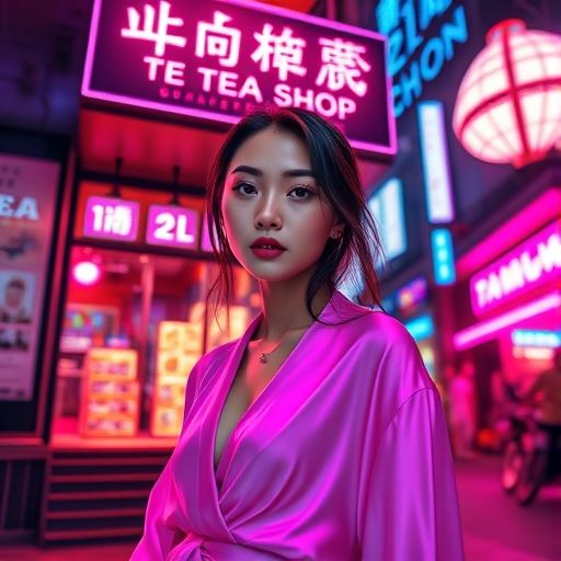 霓虹灯下的茶饮店铺