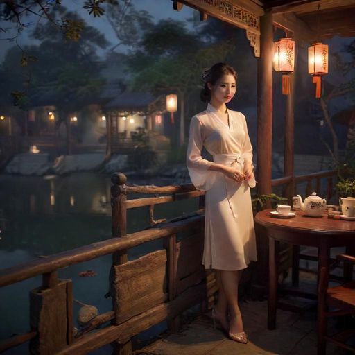 湖畔茶肆温暖夜景