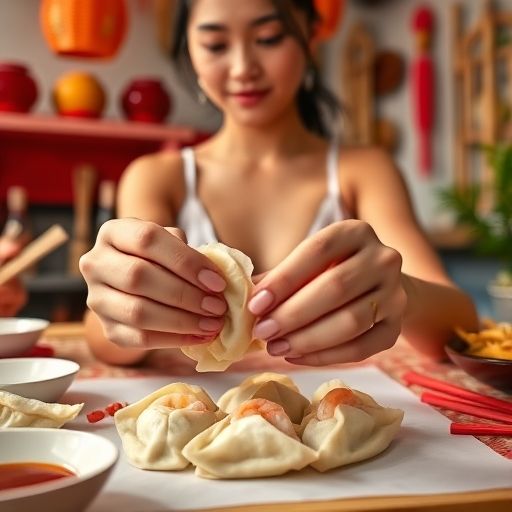 顾客亲手包虾饺的欢乐瞬间