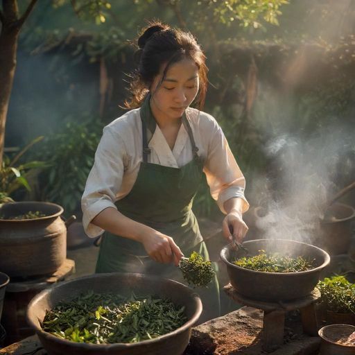 手工炒茶升腾起袅袅蒸汽