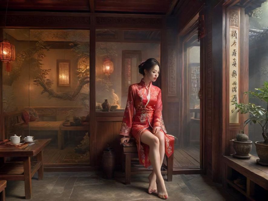 广州一家隐藏茶社的内部景象,通过轴测视角呈现,风格写实,背景是桑拿和汗蒸设施,显得私密而舒适。