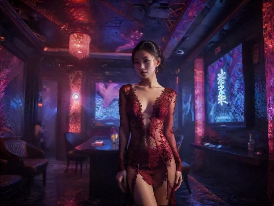 深圳某夜总会豪华KTV包厢,广角镜头下的霓虹灯光效果,展现现代娱乐场所的活力。