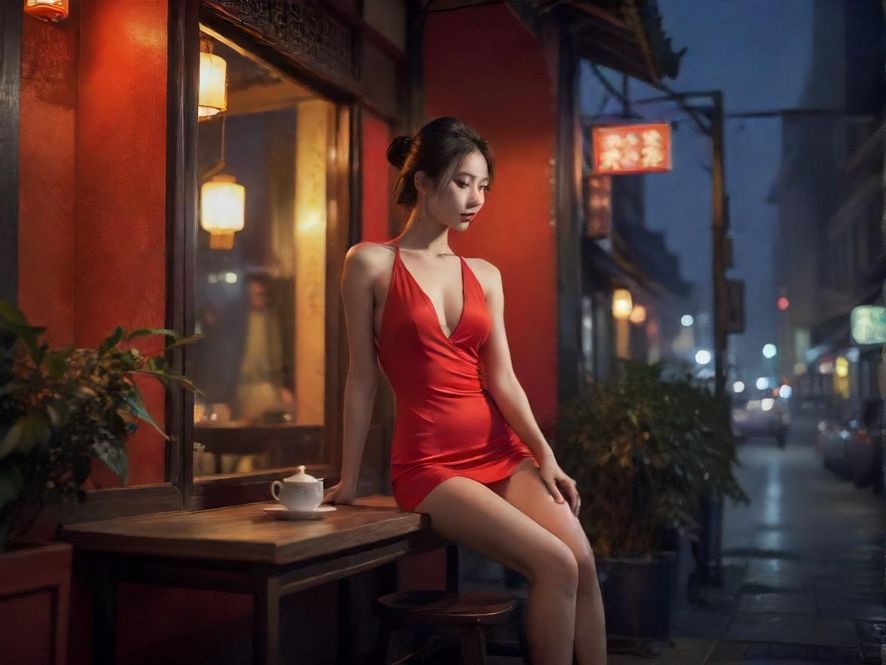 舒适宁静的休闲茶馆,窗外是璀璨的城市夜景,营造出放松的氛围。