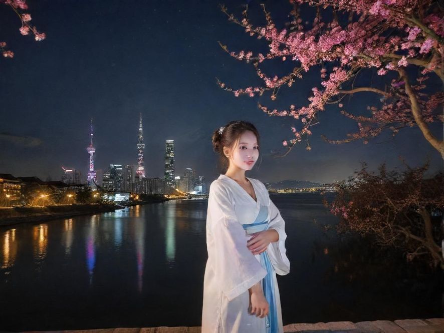 广州市中心夜景，城市天际线灯火辉煌，霓虹灯光璀璨，展现繁华都市的活力