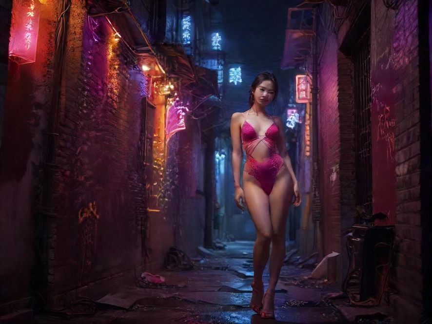 一条霓虹灯闪烁的城市夜巷,暗示着隐藏的娱乐场所入口。