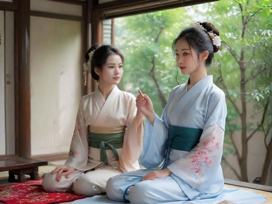 一间布置精美、光线柔和的新中式风格茶室,暗示私密与放松。