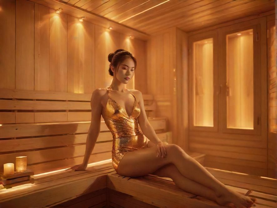 一间设计现代、光线温暖的豪华桑拿房内部特写