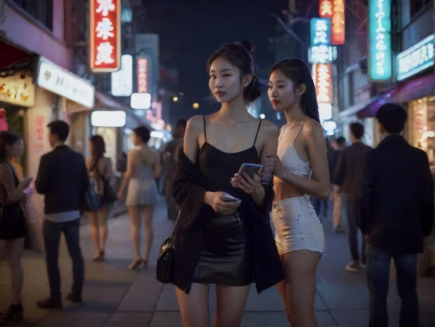 一群年轻人在街头夜景下交流手机信息