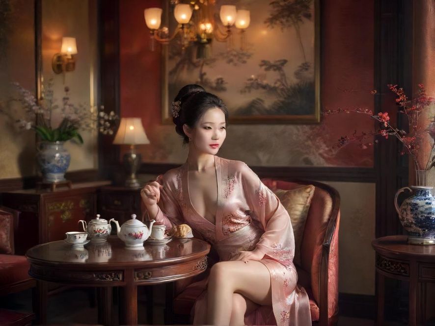 一间装修奢华、典雅的私人茶室,灯光柔和,茶具精致,营造出极致的私密与宁静。