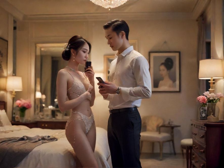 一个男人在夜晚的卧室里私下查看手机屏幕,脸上带着探索和期待的表情