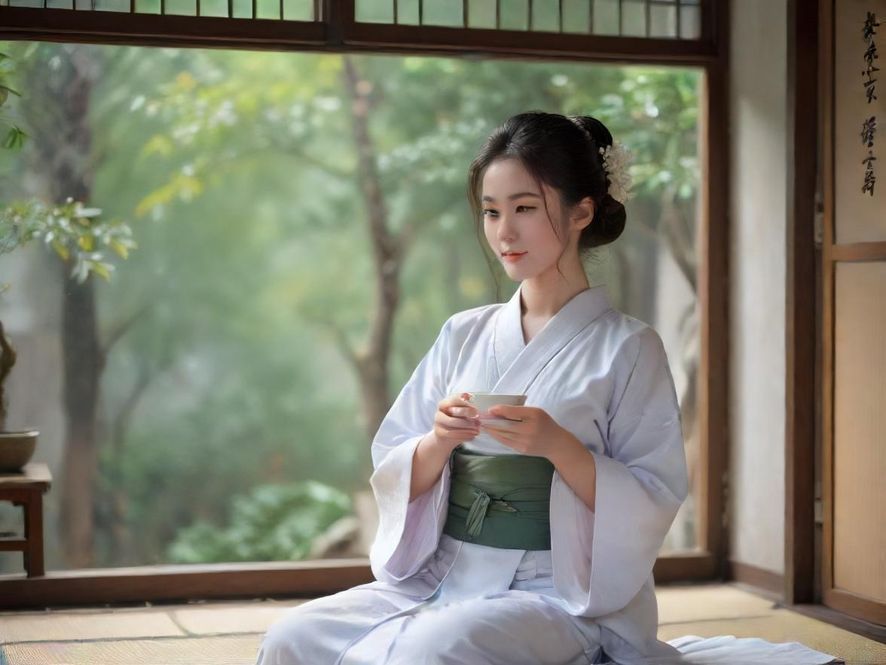 一位都市女性在柔和灯光下的私密雅致茶室中,享受片刻的宁静与放松,面带微笑。