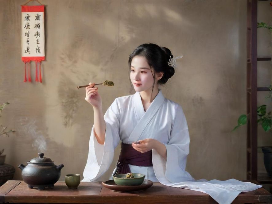 一位优雅的女士正在品鉴精致的茶点，近景特写展现了她宁静的表情，背景是现代中式风格的茶室。