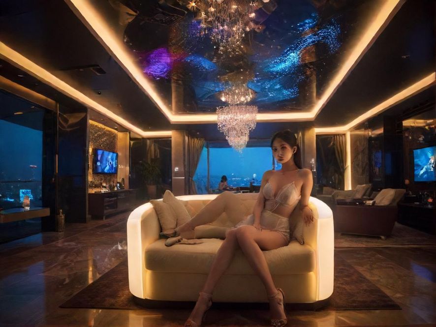 深圳一家豪华会所的内部大厅,宽敞明亮,装饰现代奢华,展现都市夜景的魅力