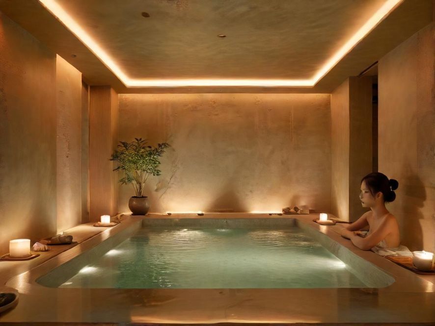 深圳高端水疗中心内景,光线柔和,营造出宁静的禅意氛围,让人身心放松