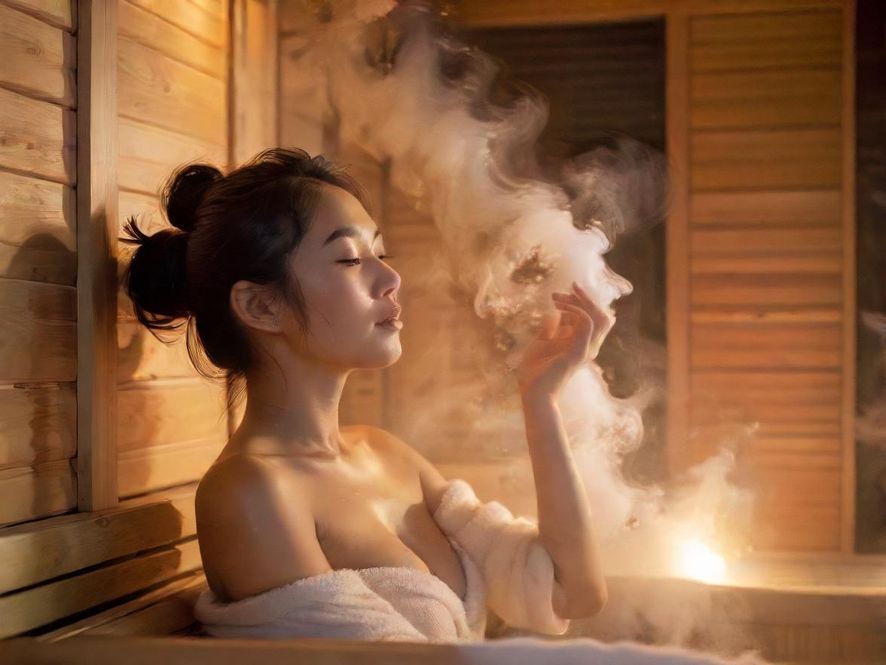 桑拿房内蒸汽环绕温馨环境