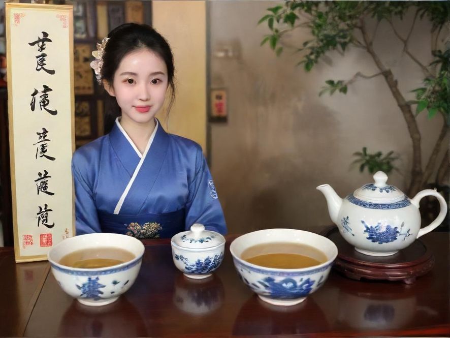 一位女士在龙华雅致茶室中悠闲品茶的特写镜头，柔和的光线洒在她身上，营造出宁静的氛围。
