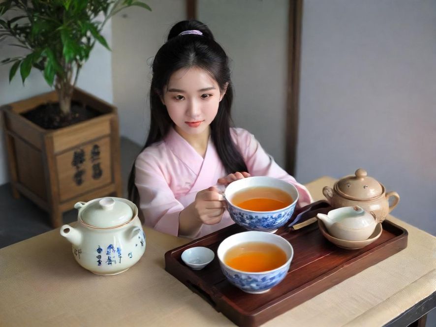 一位气质优雅的女士在温馨雅致的茶室中品茗，侧面特写展现了她沉醉于茶香的唯美意境。