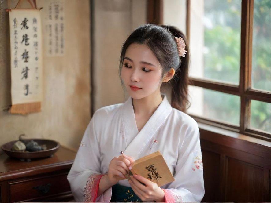 一个年轻女性坐在阳光明媚的书房里，笔记本电脑打开，她微笑着，周围是绿植和书籍，营造出轻松愉悦的居家办公氛围。