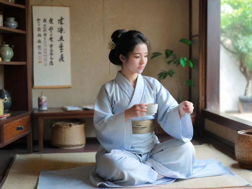 一位气质优雅的女士在深圳一间温馨雅致的茶室中品茶,茶室光线柔和,茶具精致,窗外隐约可见城市景色。