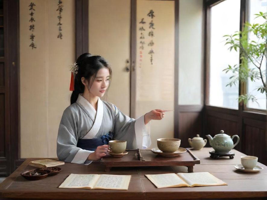 在柔和的暖光下,一位身着传统服饰的茶艺师,正优雅地为客人斟茶。茶室布置简约而富有东方韵味,窗外隐约可见城市的霓虹,室内则是一片宁静与雅致。