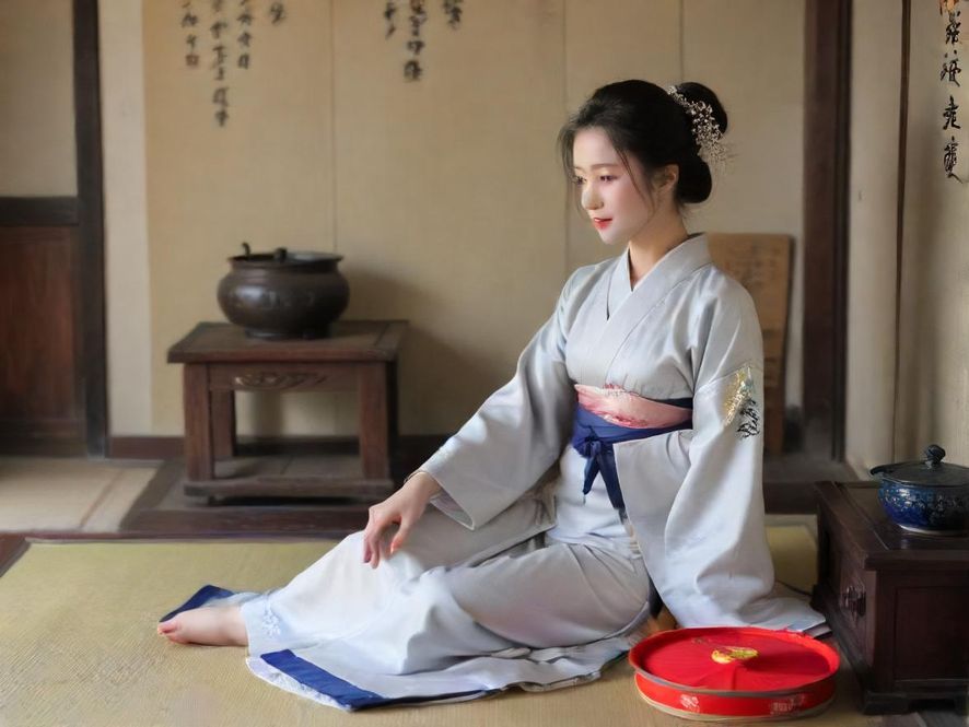 一位优雅女性在广州一间现代中式风格的温馨茶室中品茗,光线柔和,氛围宁静。