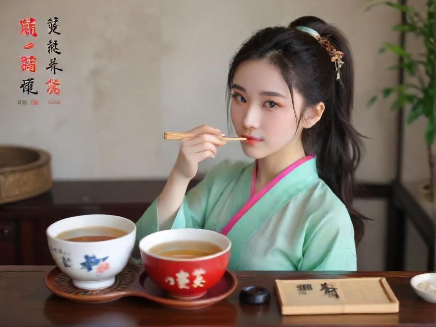 一位少女在绿意盎然的庭院中品茶,特写镜头捕捉其专注而唯美的神情,营造出宁静而富有诗意的意境。