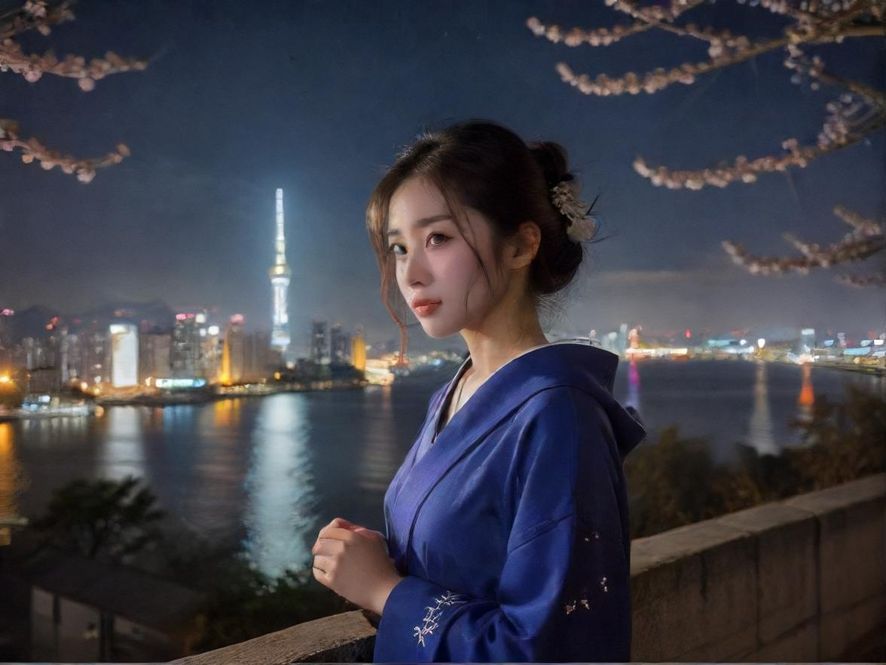 一位女性坐在豪华公寓的窗边,背对镜头,静静欣赏窗外璀璨的城市夜景,画面充满艺术感和放松的氛围。