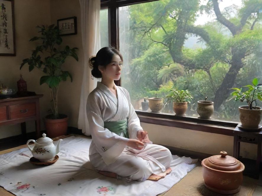 一位年轻女子在柔和的光线中侧身近景泡茶,背景是雅致的茶室,营造出宁静舒适的氛围。