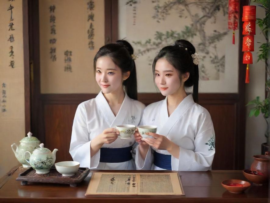 一位优雅女性的背影,侧面视角下她轻抚着茶杯,背景是雅致的茶室,充满艺术摄影的质感,暗示着一种宁静的享受。